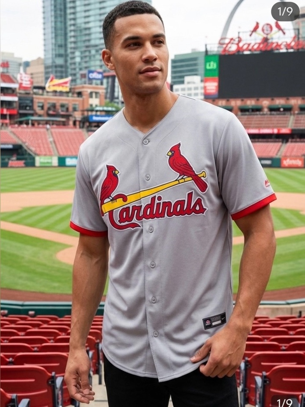 Cardinals Jersey Gray Button Up Baseball Short Sleeve Size XL